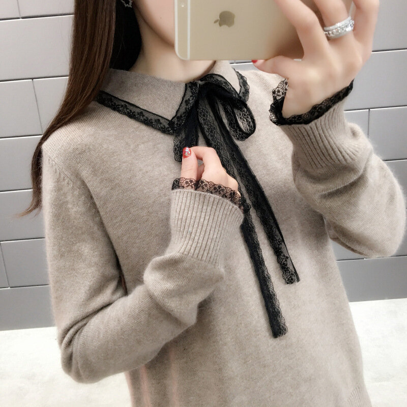 Винтажный осенний свободный свитер с отложным воротником для женщин 2021 корейские женские вязаные пуловеры на шнуровке Повседневный женски...