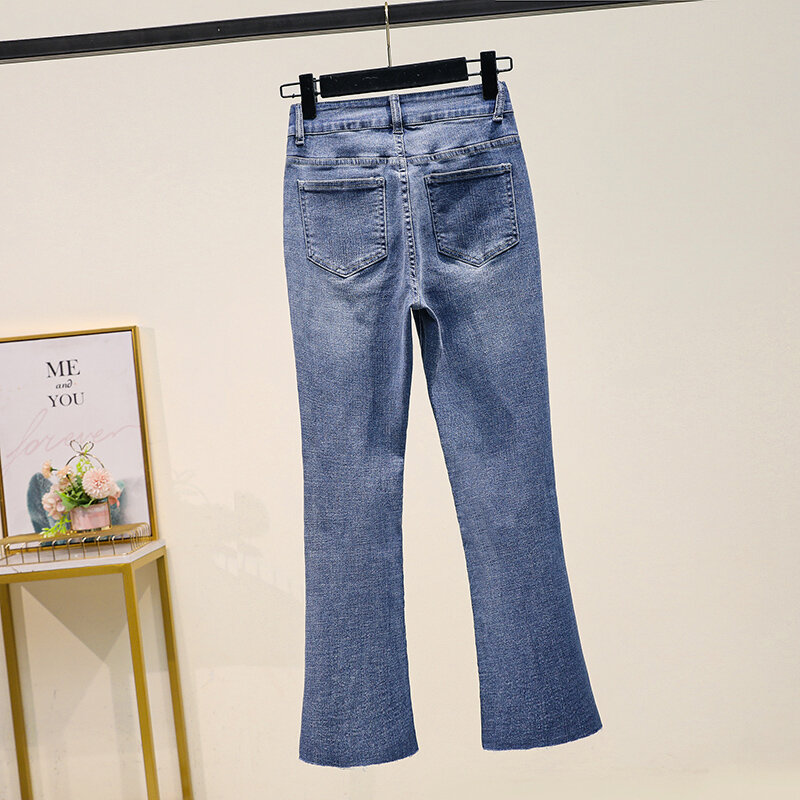 Plus Size Stretch Flare Denim Jeans Women Spring Fashion Diamond High Waist Ankle-length Pants Korean Oversize Vintage Trousers