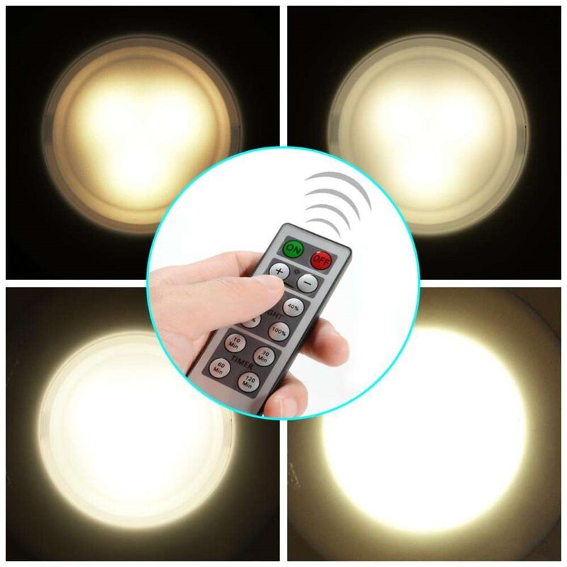 Juego de luces LED Puck inalámbricas con atenuador y temporizador, luz alimentada por batería con Control remoto, adecuado para luz nocturna de cocina