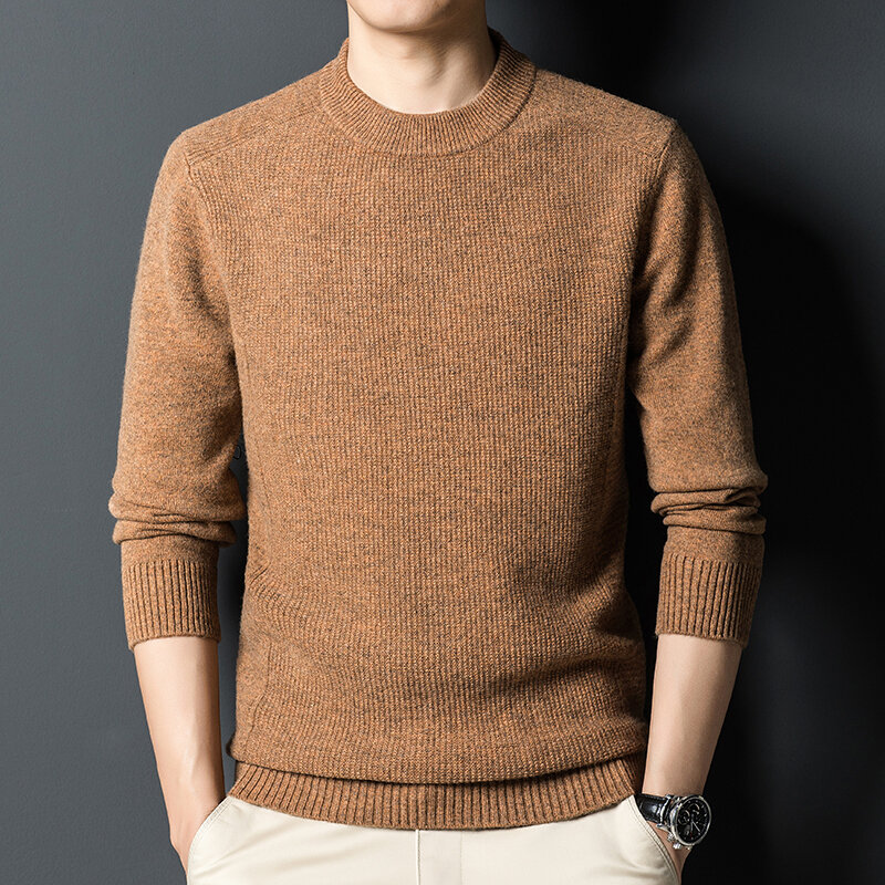 Sweter Tebal 100% Murni Leher Bulat Warna Solid Musim Gugur dan Musim Dingin Bottoming Mode Korea Sweter Pria Musim Dingin Ramping.