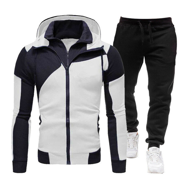 2021春の新作メンズスーツ厚いフード付きのジャケット + パンツ2pcは、男性ブランドのパーカージッパートラックスーツメンズスポーツスーツ