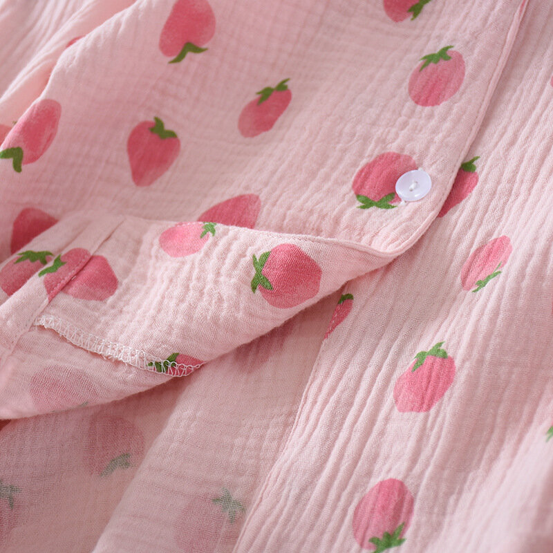 Strawberry Print Women Homewear Gauze Cotton Pajamas Set Thin Long-sleeve Sleepwear Spring Autumn Summer Pink Female Pyjamas