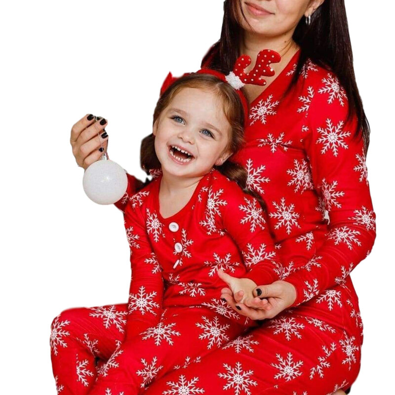 2020 weihnachten Passenden Familie Pyjamas Sets Schneeflocke Druck Langarm V-ausschnitt Top + Hosen Mom Tochter Homewear Nachtwäsche Set