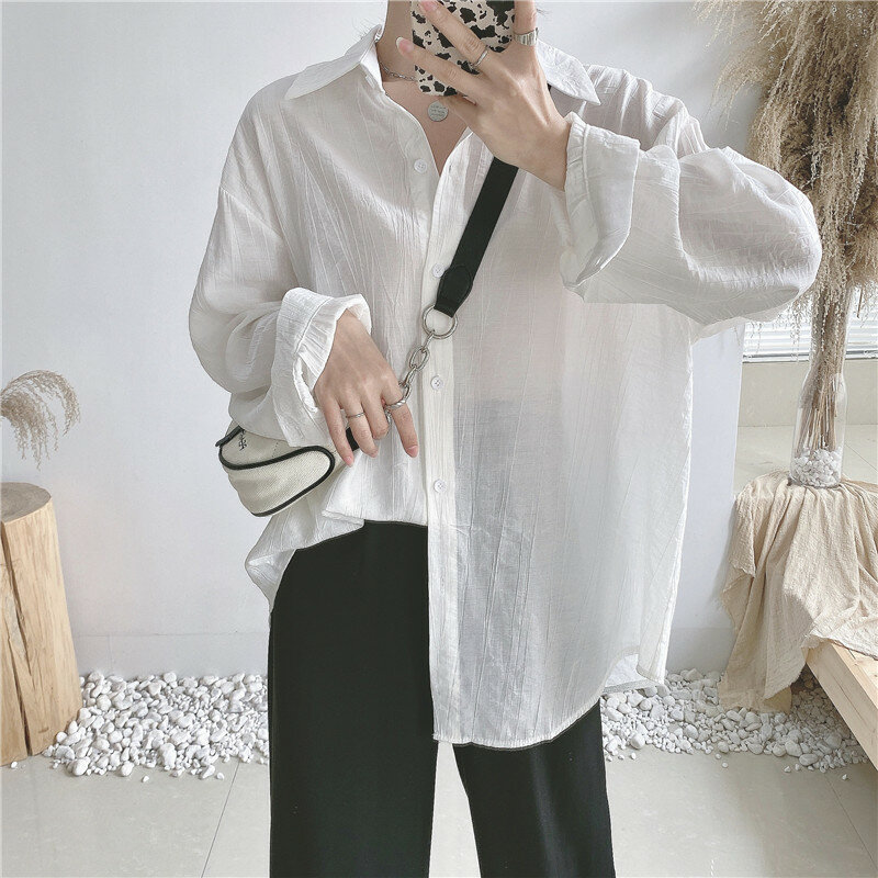 2021 estate nuova camicia a maniche lunghe drappeggiata tinta unita stile coreano da donna Versatile stile Hong Kong colletto allentato Polo Texture