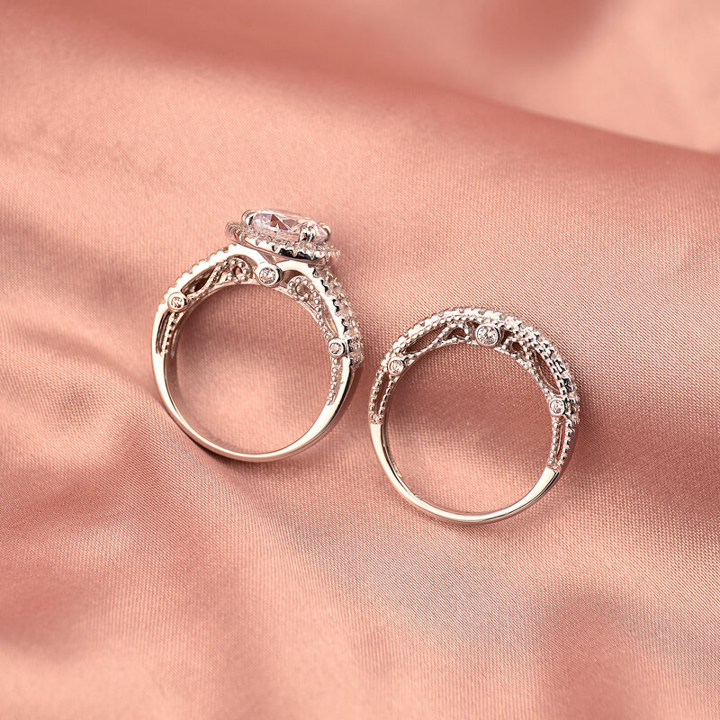 Wuziwen 2 Stuks Wedding Ring Set Voor Vrouwen Halo Brilliant Ronde Cut Cz Gesimuleerde Diamond 925 Sterling Zilveren Verlovingsringen