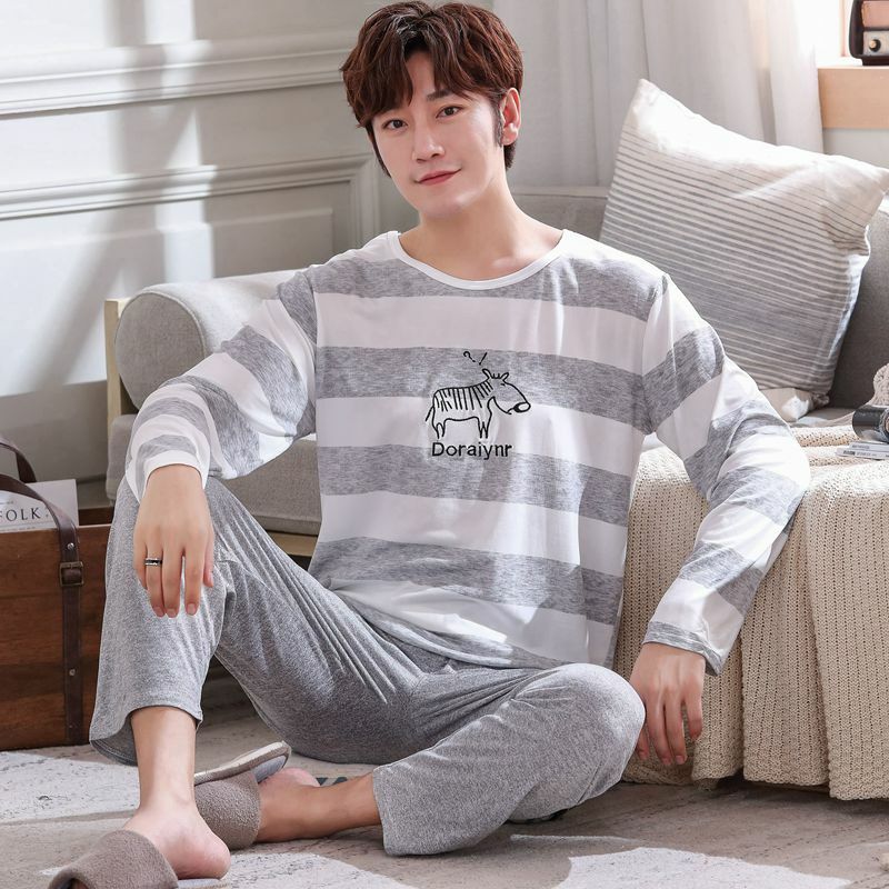 Piyama Bergaris Setelan Pijama Lengan Panjang Pria untuk Pria Ukuran Besar Pakaian Tidur Kasual Dasi Malam Pakaian Tidur Pria Setelan Piyama Musim Gugur