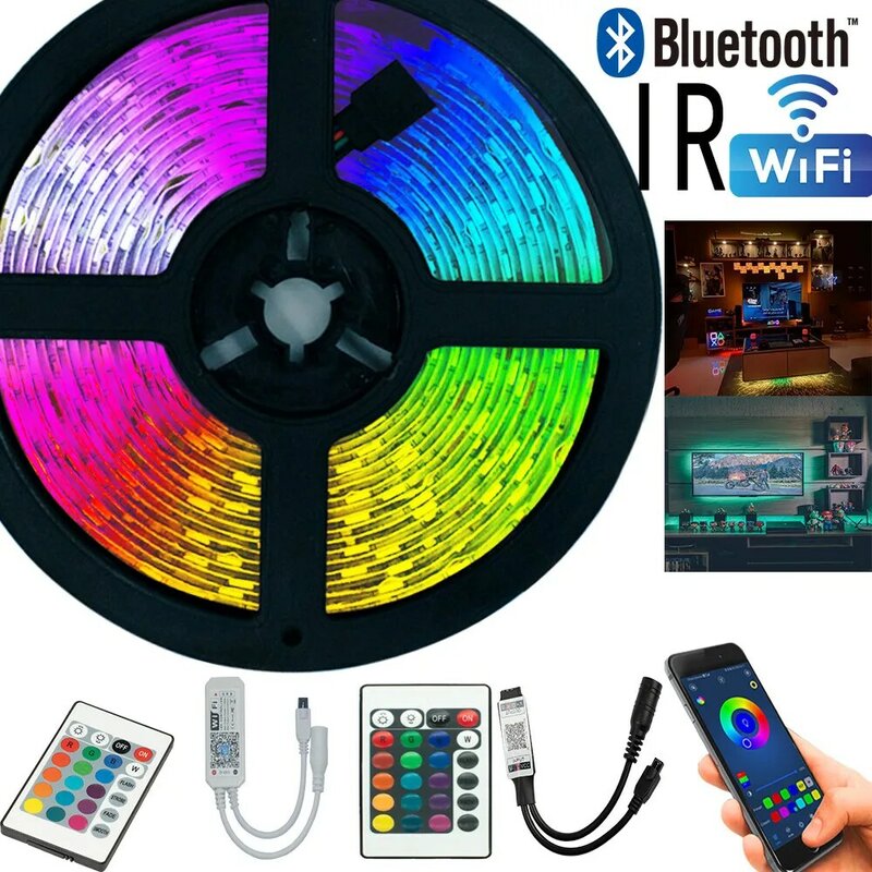 Dây Đèn Bluetooth WIFI Điều Khiển Từ Xa IR RGB 5050 Băng Chữa Linh Hoạt Diode Nền Hoa Văn Trang Trí Đèn 5M 20M