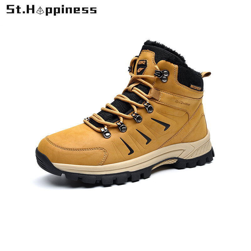2021 Winter New Men Boots Fashion Waterproof Leather High Top Casual Boots Outdoor Warm Plush Non Slip Hiking Boots Big Size 47