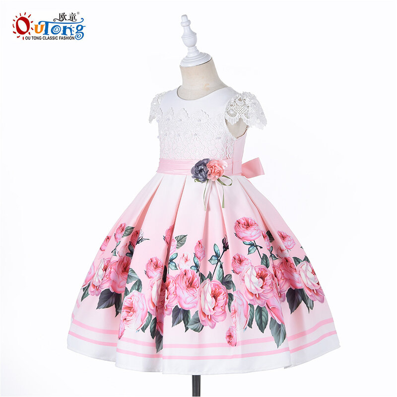Outong letnie sukienki dziecięce dla dziewczynek koronkowe z krótkim rękawem Casual Cotton elegancka sukienka z nadrukiem kwiatowym na 3-10 lat dla dzieci