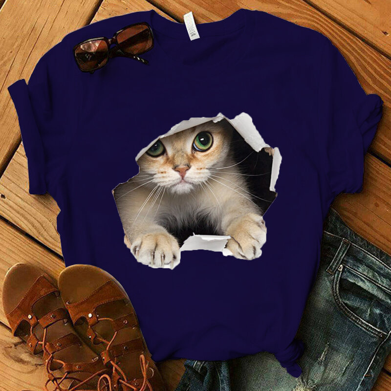 Camisetas de manga corta con dibujos animados de gato para mujer, ropa divertida de verano, camisetas, camisetas creativas