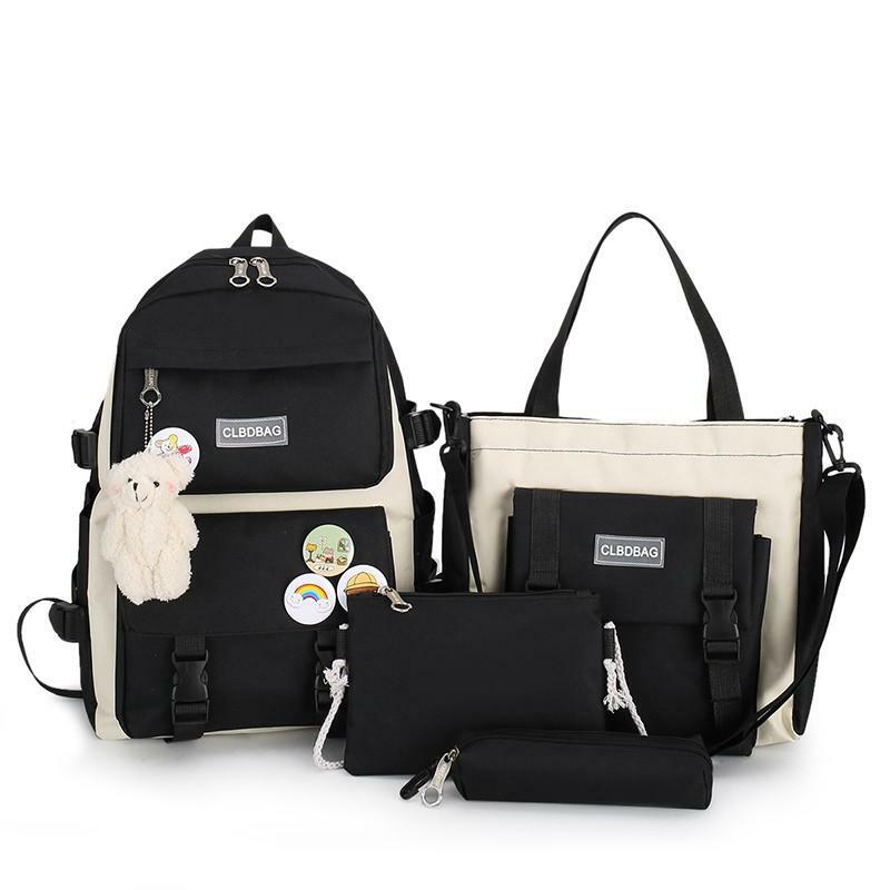 4 pçs conjunto escola mochila harajuku mochila feminina escola mochilas de lona do portátil mochilas escolares para meninas estudantes conjunto