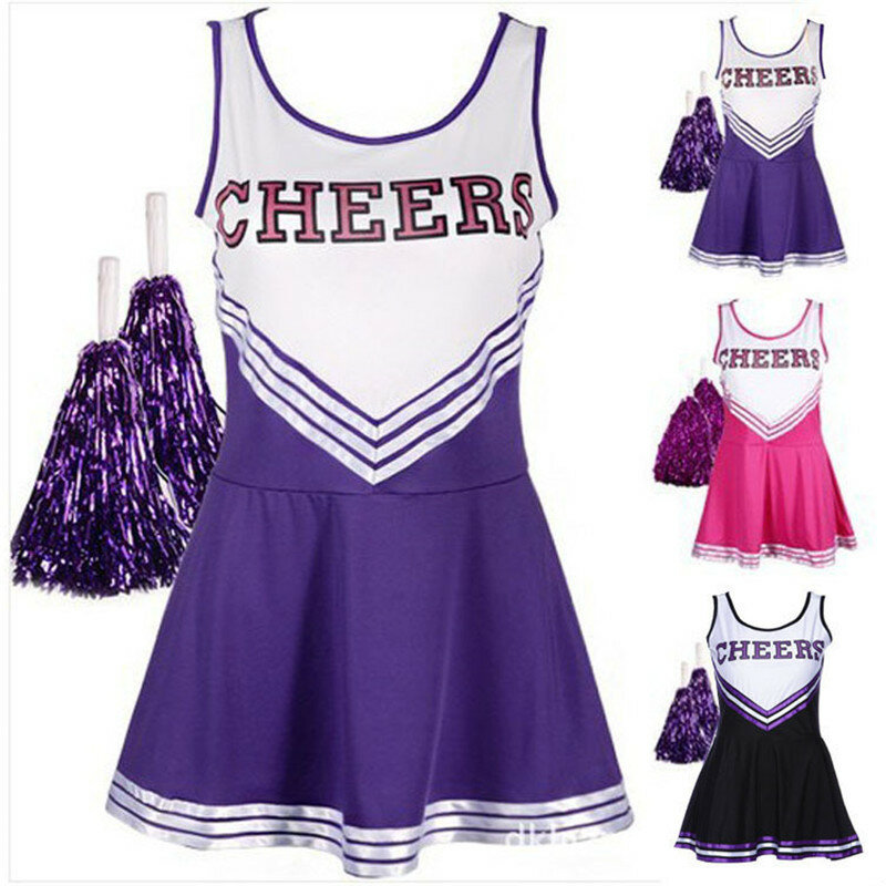 Costume cheerleader skirt With Pom Poms School Girls Musical Party Halloween Cheer Leader Costume pleated Dress Sports Uniform