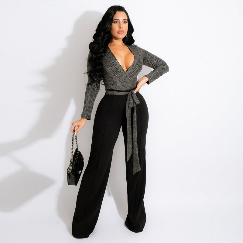 ChocoMist Jumpsuit Surplice Neck Bandage Design Patchwork Jumpsuit