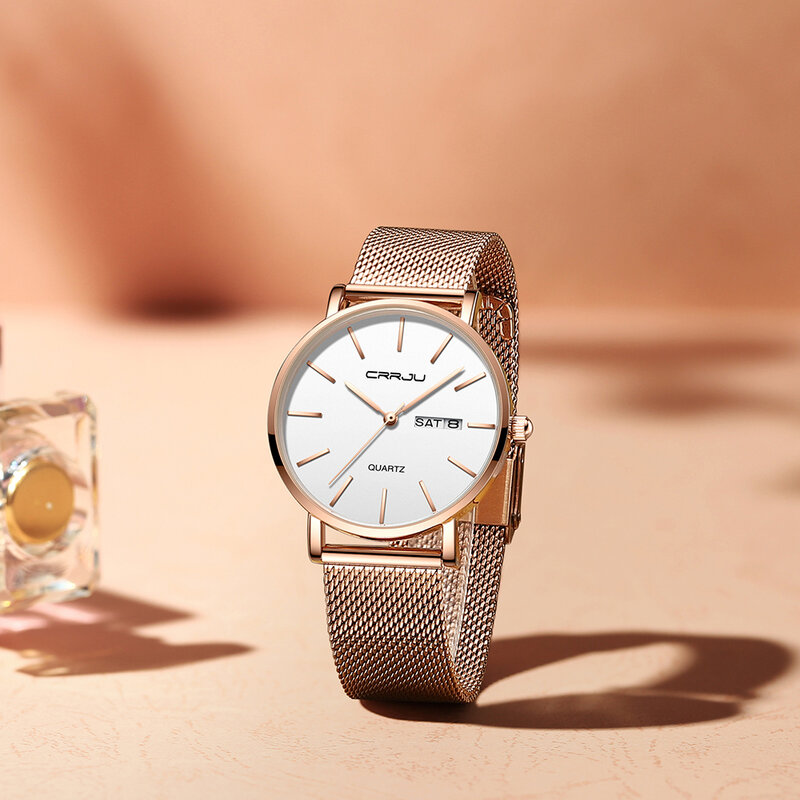 Crrju nova moda feminina relógios requintado ouro rosa elegante calendário de negócios relógio de pulso charme senhoras aço quartzo feminino
