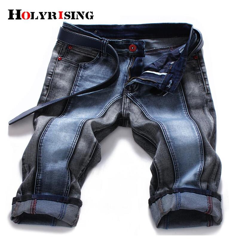 Holyrising Men Casual Denim Stylish Elastic Ripped Mid Waist Slim Fit Patchwork Knee-Length Denim Short Pockets Size 27-46