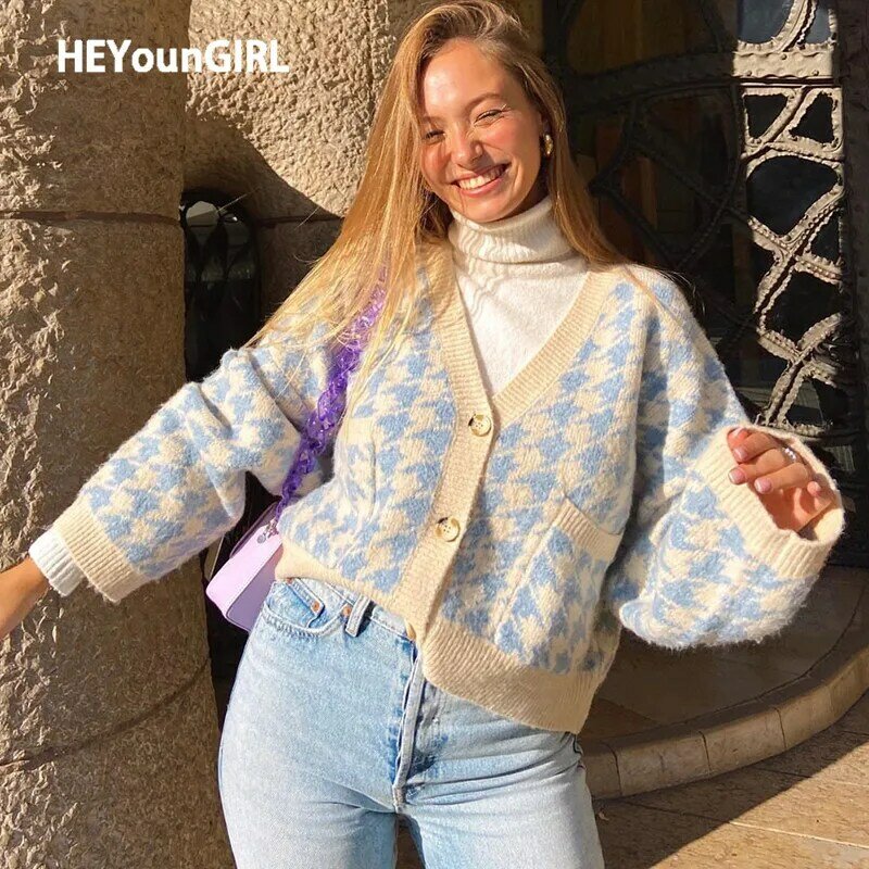 HEYounGIRL Houndstooth Plaid Print Cardigan Women Autumn V Neck Vintage Knitted Crop Top Sweater Casual Loose Knitwear Winter