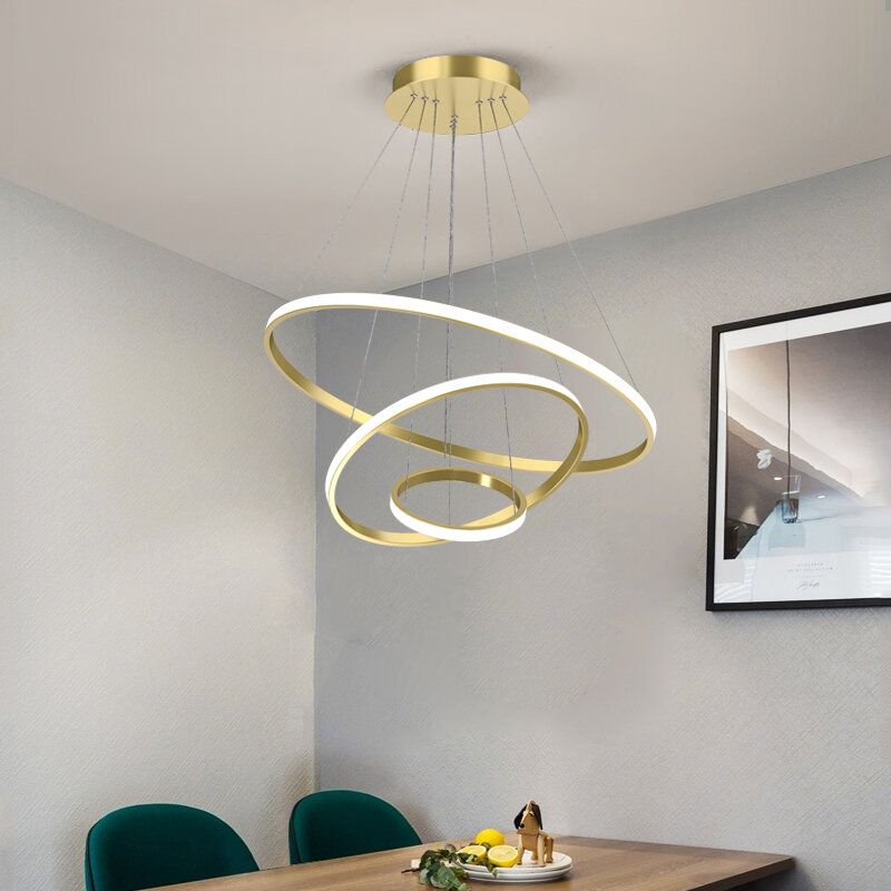 أضواء قلادة الحديثة Led 3 خواتم دائرة DIY بها بنفسك تثبيت معلقة مصابيح متدلية الذهب Loft المعيشة غرفة الطعام تركيبة إضاءة المطبخ