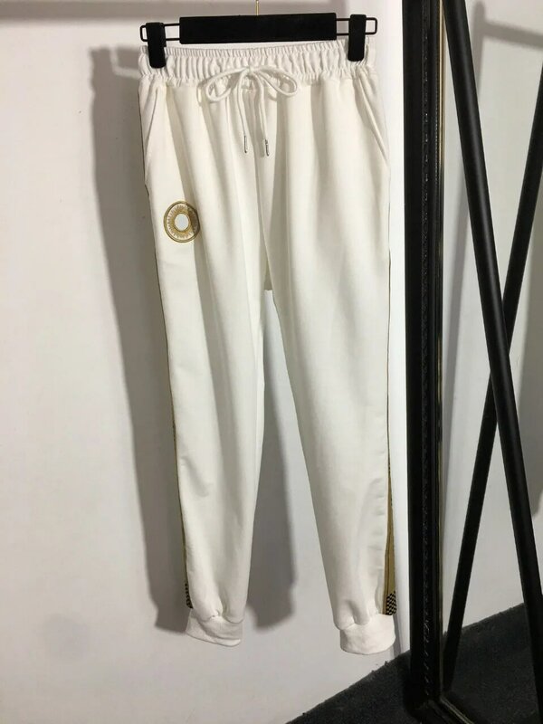 Design de luxo moda bordado letra webbing costura gola manga longa zíper jaqueta + cintura elástica calças casuais