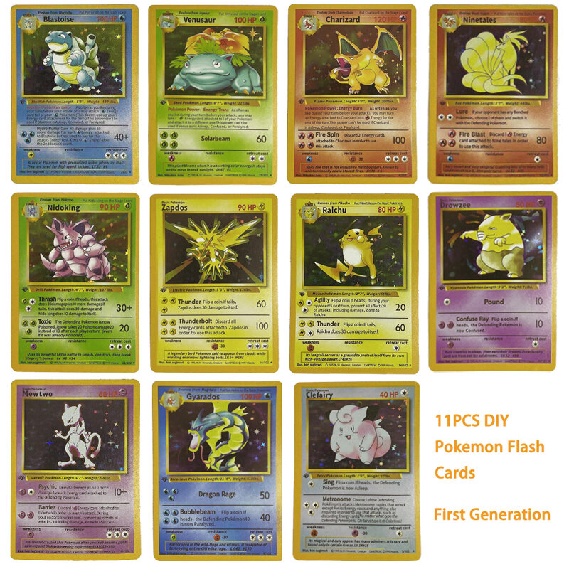 10PCS + 1PCS DIY Pokemon Karten Raichu Mew Vulpix Charizard Venusaur Blastoise Erste Generation Flash Karte Sammeln Spielzeug