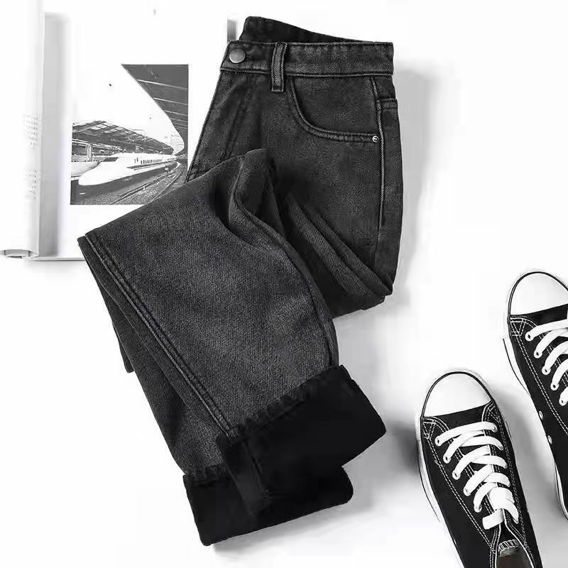 Calças de brim de inverno mais veludo grosso traf calças azul cintura alta calças soltas preto em linha reta grossas jeans casuais quentes y2k