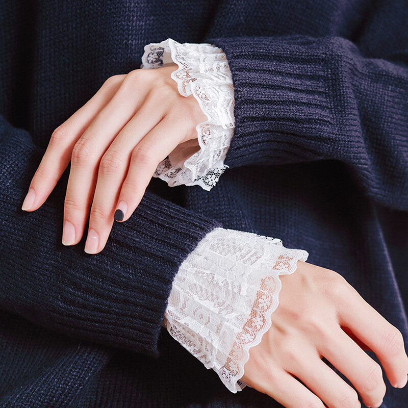 Women Girls Fake Flare Sleeves Floral Lace Pleated Ruched False Cuffs Sweater Blouse Apparel Wrist Warmers