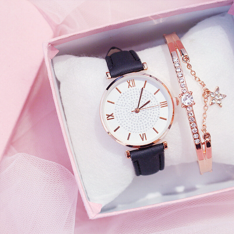 Relógios femininos de luxo conjunto pulseira céu estrelado senhoras relógio casual relógio de pulso de quartzo de couro menina relógio relogio feminino
