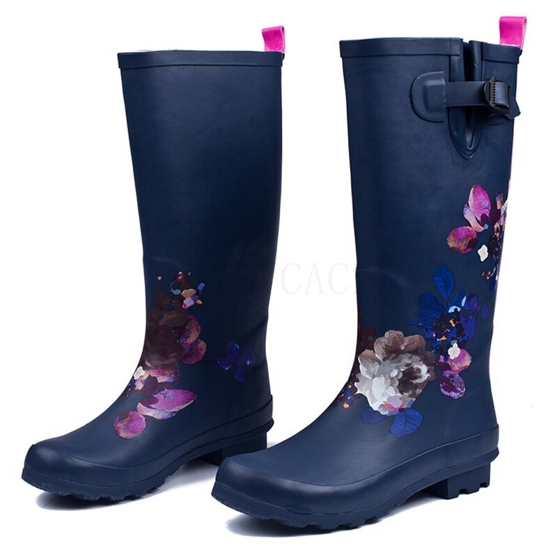Botas de lluvia impermeables para mujer, botines con estampado hasta la rodilla, antideslizantes, informales, a la moda, para primavera y otoño