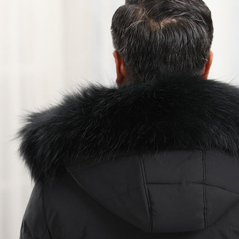 Casaco extra longo masculino com capuz de pele, casaco acima do joelho, pato branco para baixo, grosso, inverno