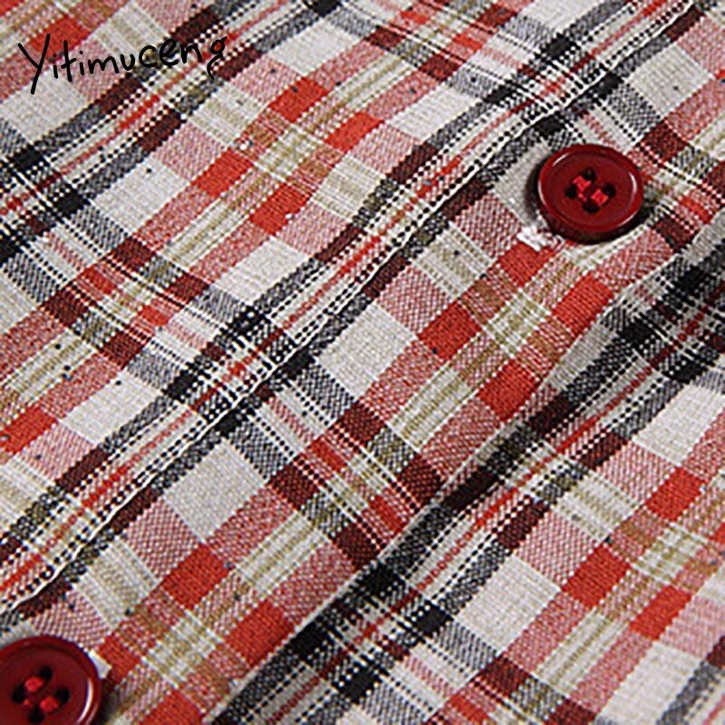 Yitimuceng vermelho xadrez blusa feminina vintage bolsos botão acima camisas em linha reta manga curta 2021 verão coreano moda nova topos
