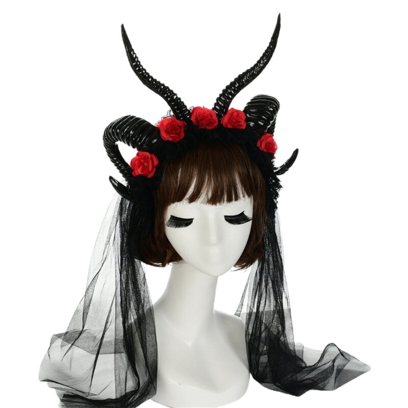 Halloween hair hoop sheep horn bandana laço flor véu headdress falso flor headbands cosplay acessórios para o cabelo l41b