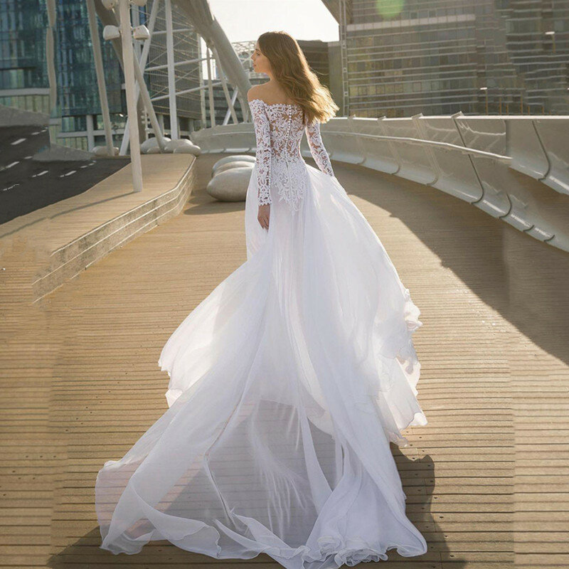 Boho Long Sleeves Chiffon Wedding Dress Lace Appliques Bridal Gowns Illusion Sleeves See Through Vestidos De Novia Floor Length