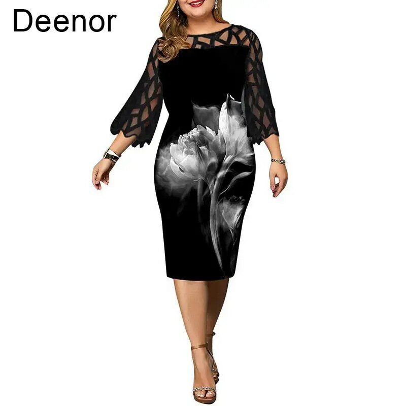 Deenor Plus Size Jurk Digitale Print Lace Jurken Voor Vrouwen Elegante Fashion Party Jurken 5xl Kantoor Dame Jurk