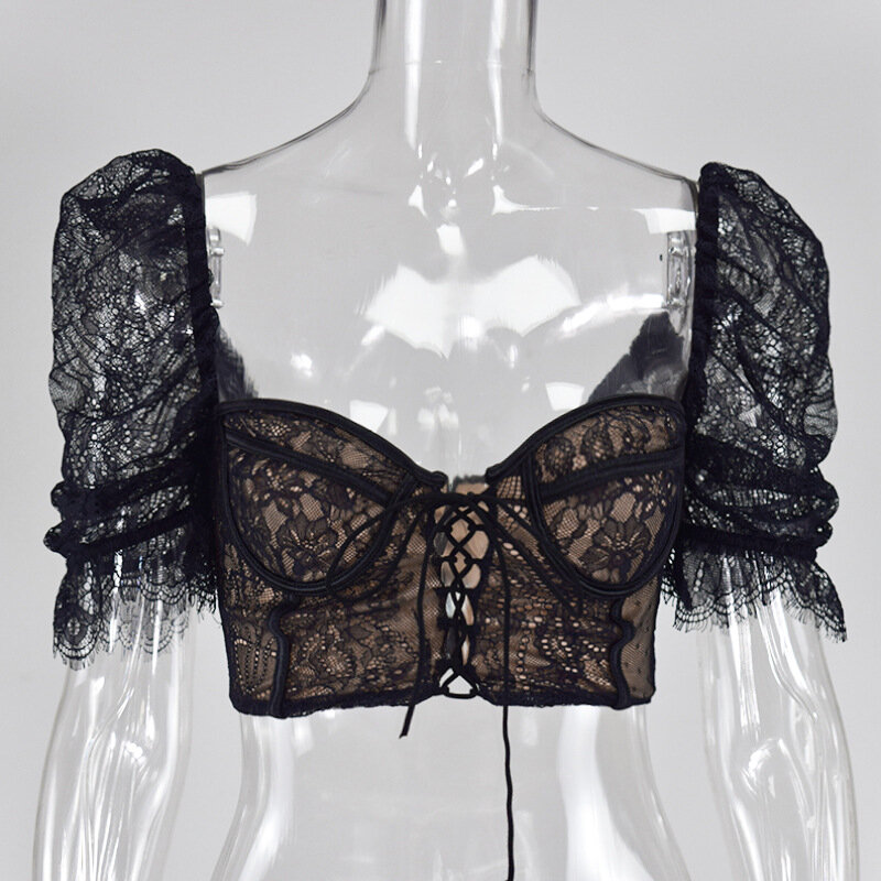 Nieuwe Collectie Fashion Sexy Black Lace Puff Korte Mouw Lace Shirt Top Vrouwen V-hals Tops