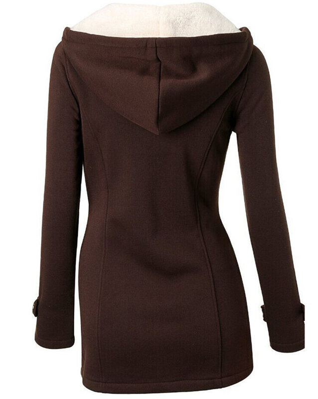 厚く暖かい冬の女性のコートプラスサイズカジュアルなフード付きジャケット女性の古典的なホーンボタン女性の上着無地