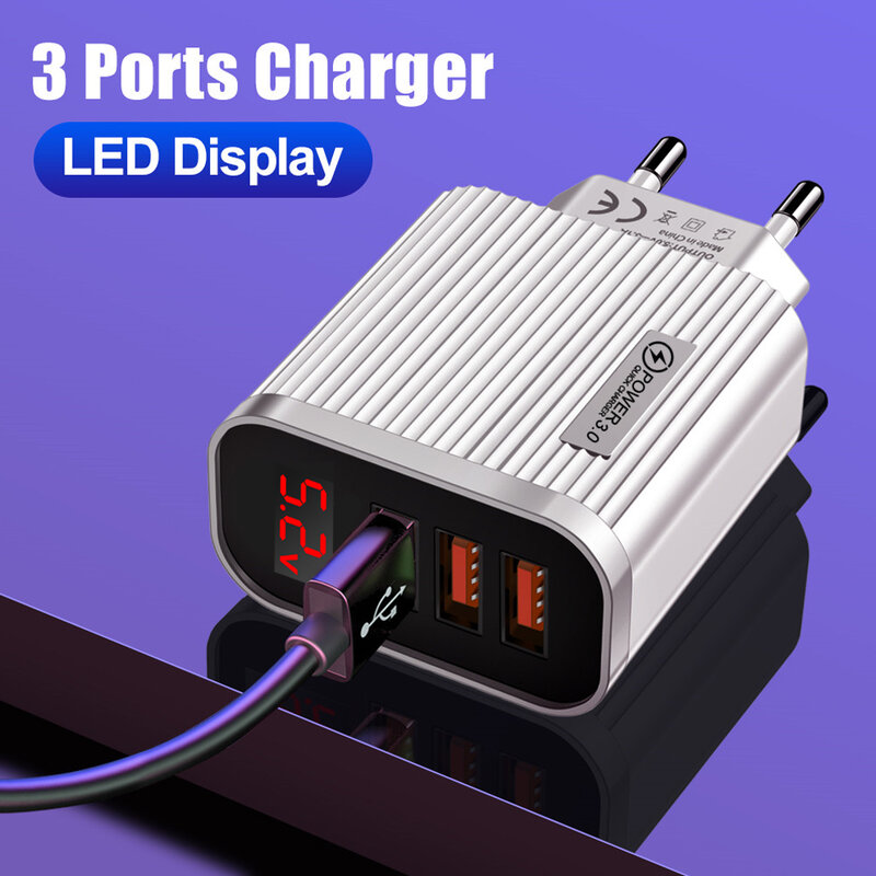 Phone Charger 3 USB LED Display charger 5V 3.1A For iPhone 12 pro max Samsung s21 s20 s10 Xiaomi Huawei Fast Charging Chargers