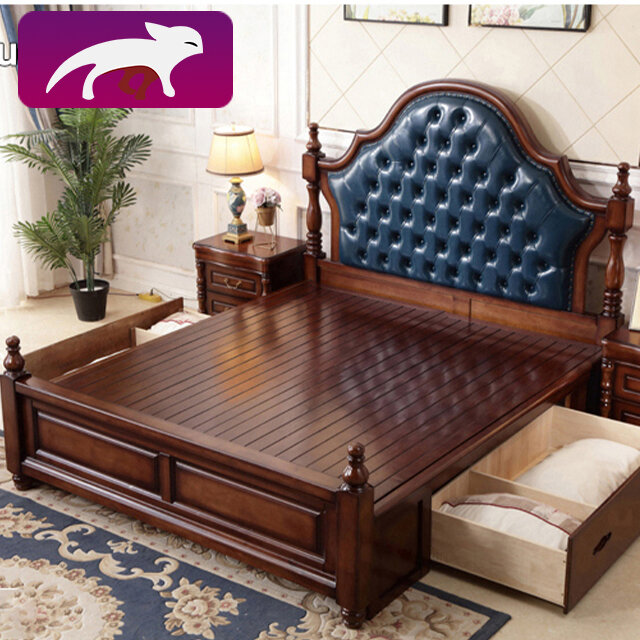 Bedroom leather double bed vintage European marriage bed package tax to the door beautifully carved big bed