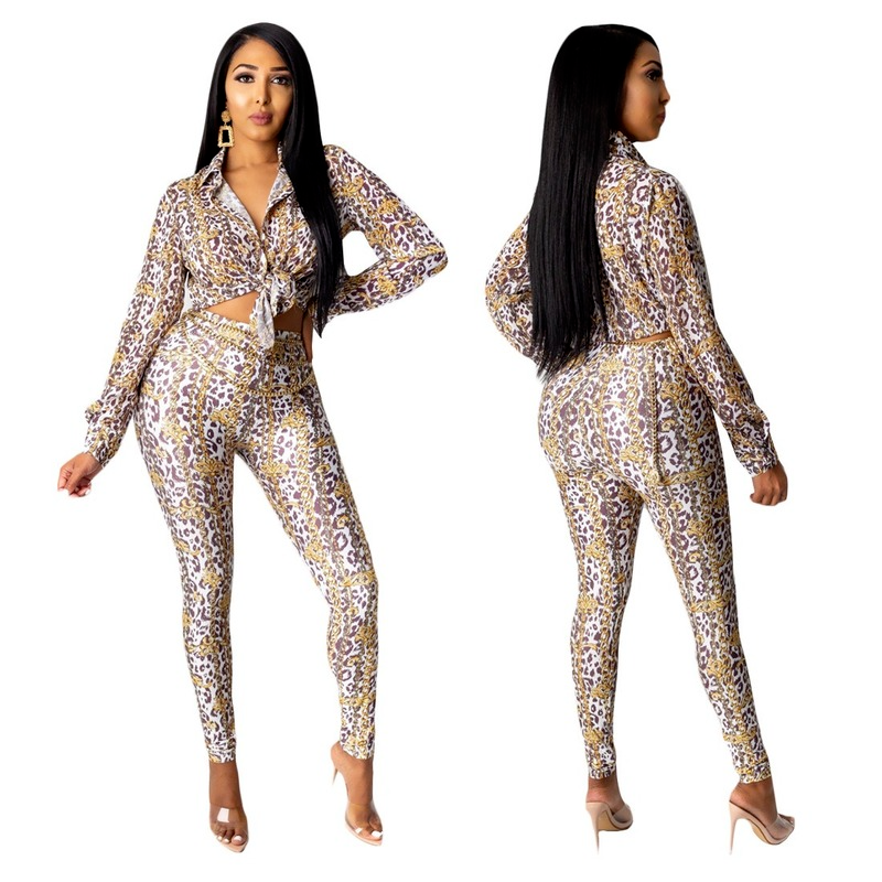 Printed Ladies Suit 2021 New Women's Colorful Fashion Printed Shirt + Pants Two-piece Leisure Sports Two-piece Suit