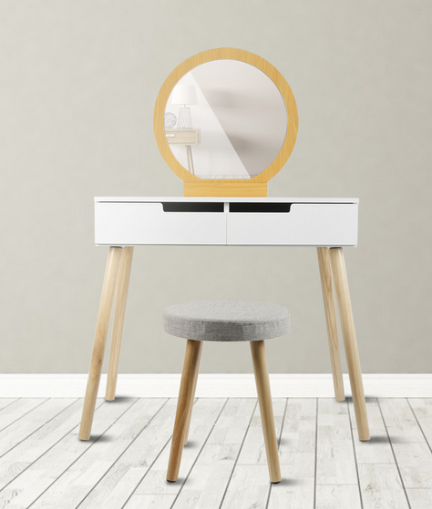 Komoda stół lustro z zestaw krzeseł stół toaletowy makijaż stołek drewniany 2 szuflady nowoczesny Tocador Mesa montaż sypialnia europa HWC