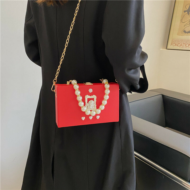 Fashion Pearl Evening Tote Bag for Women Chains Ladies Shoulder Crossbody Bags Small Box Dinner Messenger Handbag Pu Leather