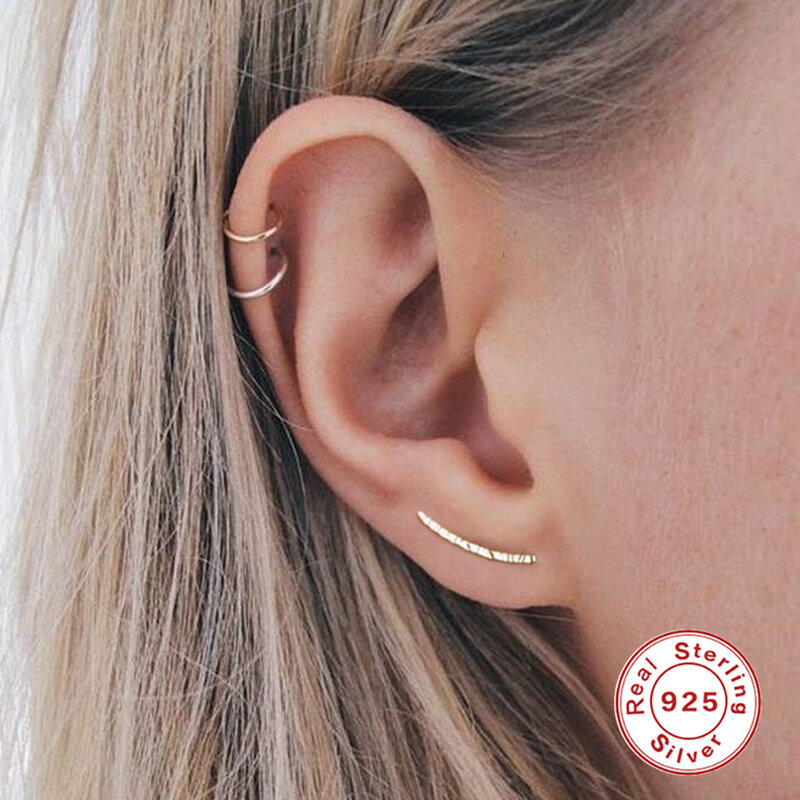 Aide 925 Sterling Silver Wavy Line Stud Earrings for Women Minimalist Ear Climbers Crawlers Trendy Geometric U Shape Earrings