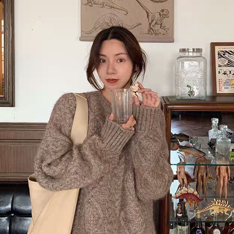 스웨터 여성 2021 새로운 가을 겨울 뜨개질 두꺼운 라운드 넥 긴 소매 솔리드 컬러 캐주얼 일본식 단순