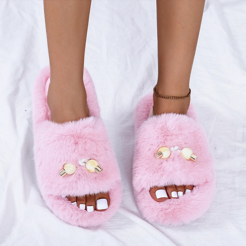 Women's Fluffy Plush Slippers, Solid Color Flat Beaded Casual Shoes, Comfortable and Light Home Open-toed Women's Shoes 2021