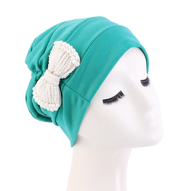Moda Full Cover donna fiocco perla Turbante bandane cappello musulmano bianco perla Hijab cappellini Chemo Cap Head Wrap Turbante Mujer