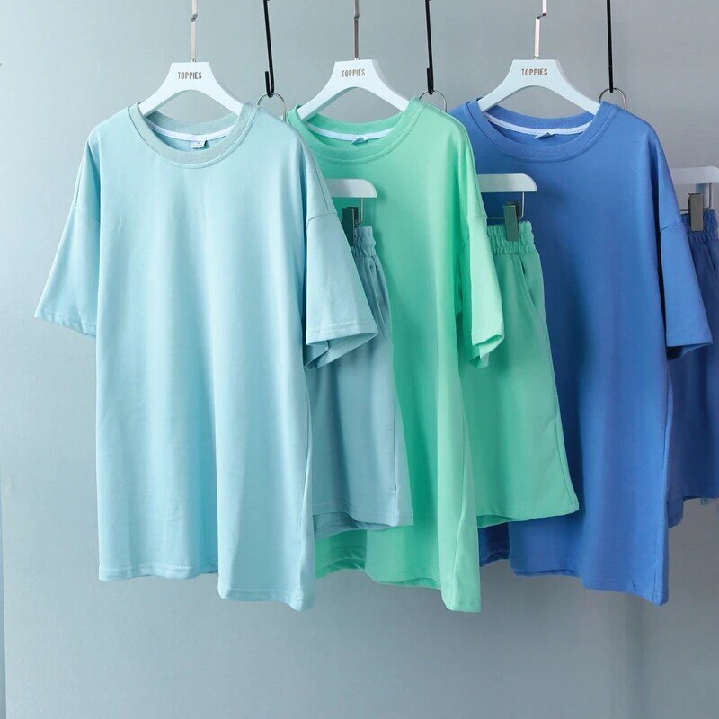 Toptools conjunto de agasalho de verão, camisetas femininas de duas peças, conjuntos de algodão, camisetas de tamanho grande, calções de cintura alta, roupas de cor de doces