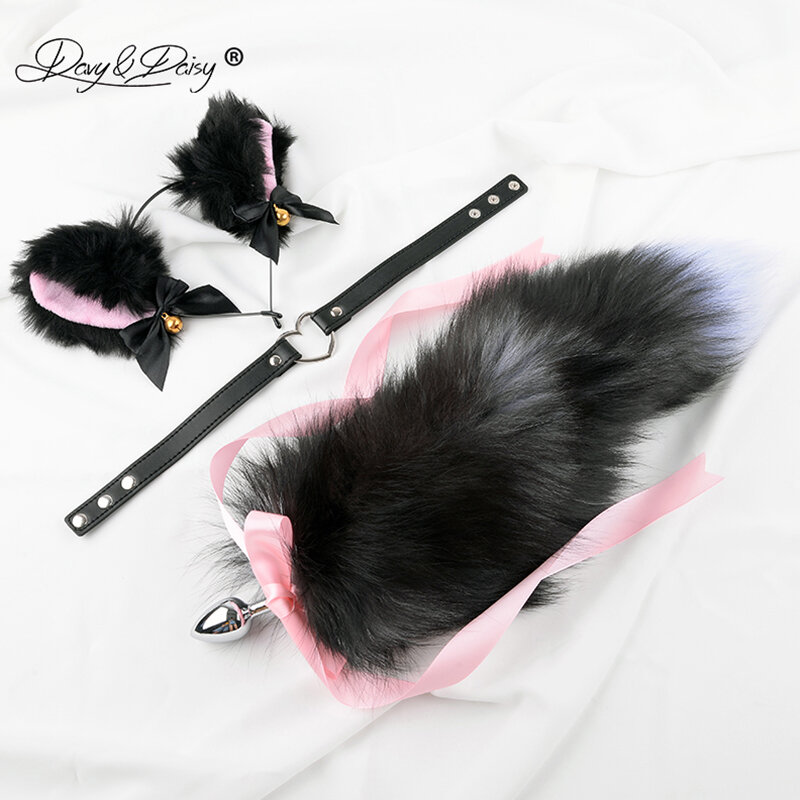 DAVYDAISY Cute 3 Pieces Anal Plug Set Choker Cat Ears Fox Tail Butt Plug Anal Toy Butt Toy Tail Plug Cosplay Adult Toy AC120