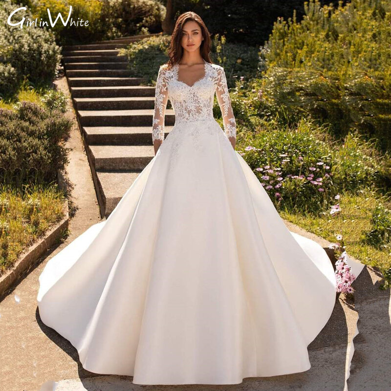 Modern Satin Sweetheart Wedding Dress Full Sleeve Lace Bride Gown A-line Elegant Bridal Robes Beach Vestido De Noiva
