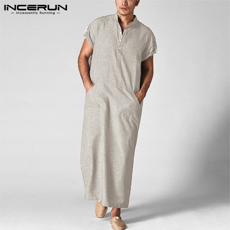 INCERUN Men Islamic Arab Muslim Kaftan Stand Collar Short SLeeve Pockets Vintage Robes Middle East Solid Men Jubba Thobe S-5XL