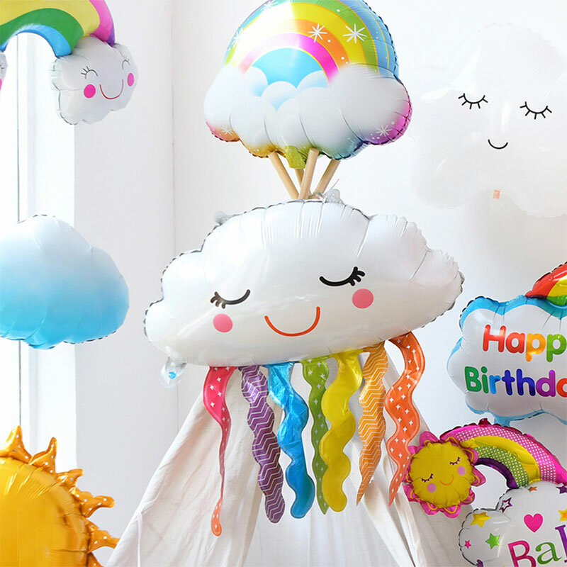 1個漫画笑顔クラウド箔バルーン素敵なヘリウムレインボー花の妖精ユニコーンバルーンベビーシャワーの子供の誕生日パーティーの装飾