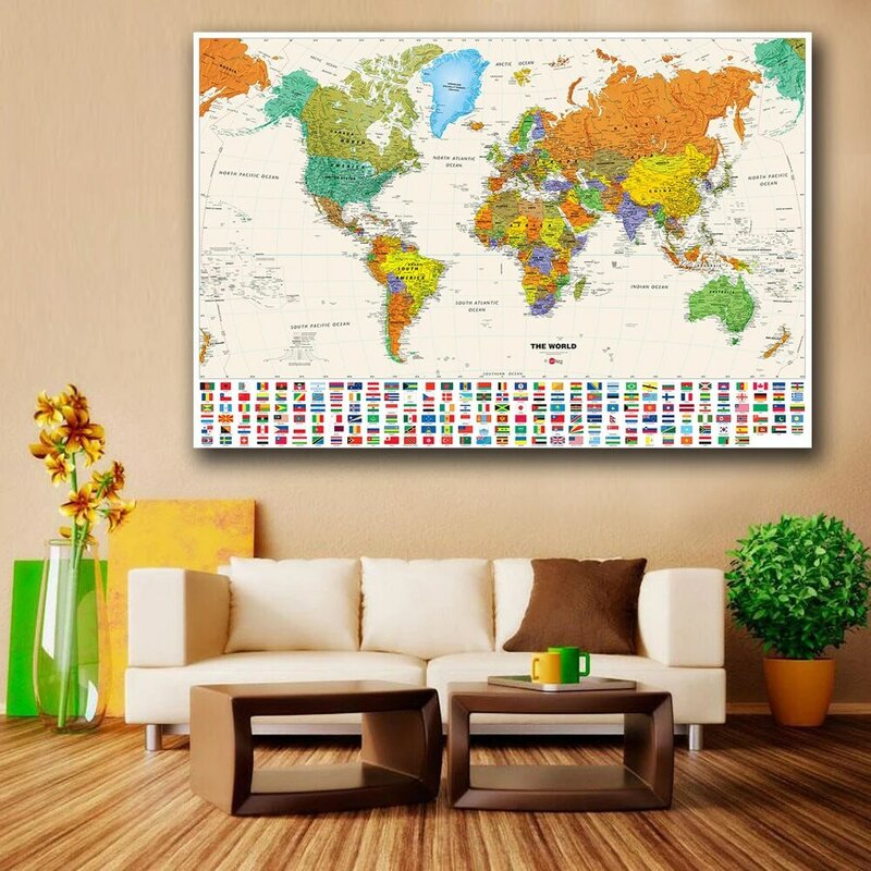 Peinture sur toile Vintage la carte du monde avec drapeaux nationaux, affiche d'art mural en tissu Non tissé, fournitures scolaires, décoration de maison