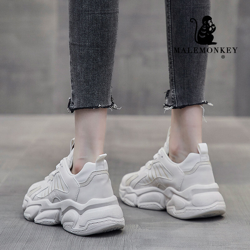 Zapatillas de deporte gruesas blancas para mujer, zapatos deportivos a la moda con plataforma para caminar al aire libre, cómodos e informales, Primavera, 2021